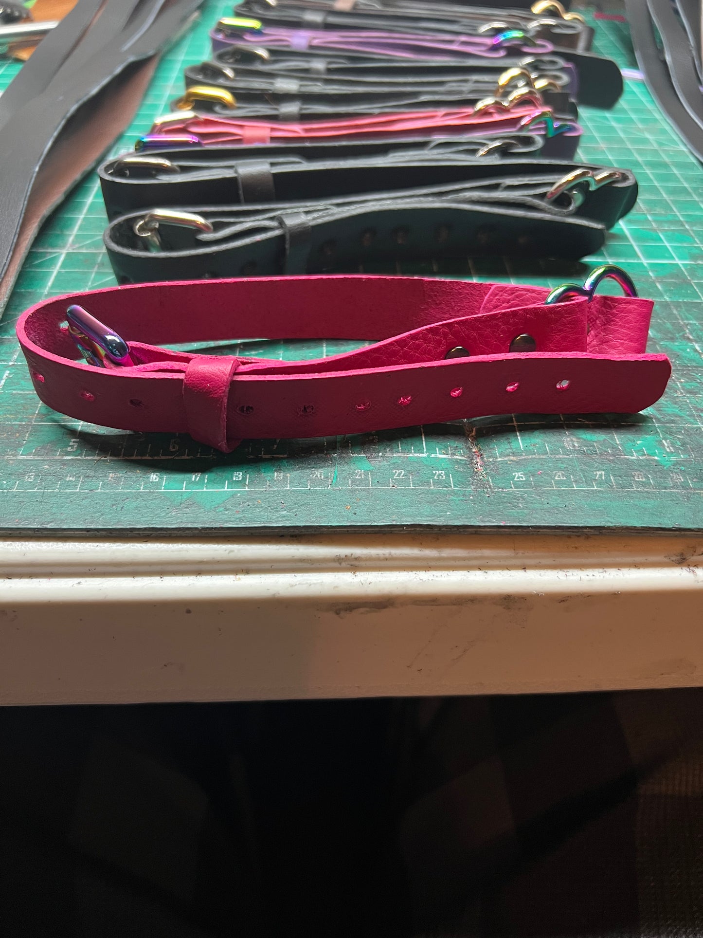 "restrictive" bracelet discreet leather cuff. 1" wide, 18" long